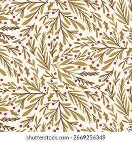 Elegante patrón botánico de otoño sin fisuras con hojas de olivo y bayas de Borgoña para papelería y diseño textil