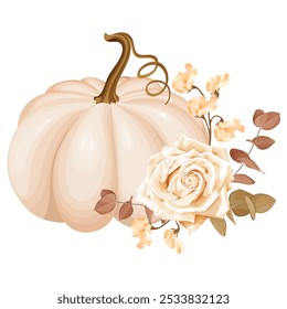 An elegant autumn bouquet featuring a beige pumpkin and a large cream-colored rose, surrounded by delicate fall foliage and neutral-toned flowers, perfect for seasonal or harvest-themed decor. Vector.