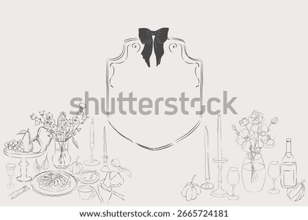 Elegant autumn dinner table frame with candles, wine glasses, pumpkins and floral decoration. Hand-drawn vintage border with ribbon in cottagecore style. Perfect for seasonal invitations, menu.
