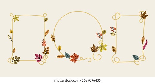 Elegant autumn (Fall) leaves rectangular and round frames set. Minimal modern aesthetic seasonal design template. Vector illustrations.