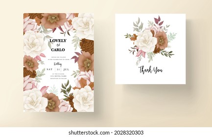 Elegant autumn floral wedding invitation card with rose and pine flower