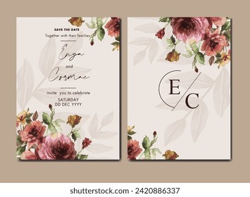 Elegant autumn floral wedding invitation card with rose and pine flower