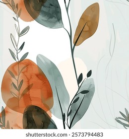 Elegant Autumn Green Brown Eucalyptus Leaf Watercolor Abstract Scandinavian Design Seamless Pattern Wallpaper Curtain Bedding Background Upholstery Gift Wrapping Paper Vector