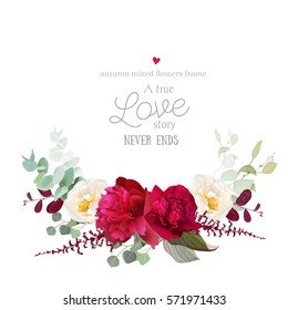 Elegant autumn horizontal floral bouquet vector design card. Burgundy red peony, white wild rose, red and green leaves. Seasonal wedding save the date frame. All elements are isolated and editable.