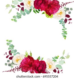 Elegant autumn round floral bouquet vector design frame. Burgundy red peony, white wild rose, red and green leaves, eucalyptus. Seasonal wedding save the date. All elements are isolated and editable.