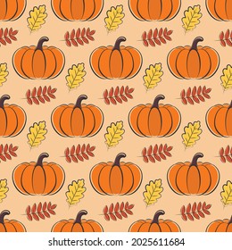 Elegant autumn seamless pattern with orange pumpkins and oak and rowan leaves. Traditional print for Thanksgiving day. Perfect for scrapbook, wrapping, fabric, web design. Flat vector illustration