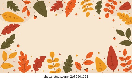 Elegante outono com tema de borda com folhas desenhadas à mão em tons sazonais quentes no fundo do espaço de cópia ideal para convites de outono, saudações sazonais, promoções e faixas de festival de colheita.