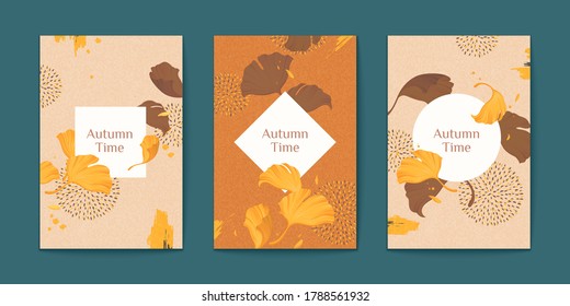 Elegant autumn time ginkgo leaves brochure set in earth tone color, geometric shape copy space in the middle