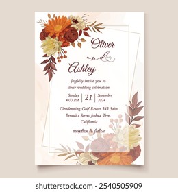 Elegant autumn wedding invitation template with vibrant fall flowers and leaves in white, orange, red, and yellow. Perfect for seasonal celebrations and rustic themes.