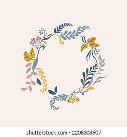 Elegant autumn wreath of leaves, twigs and clusters of rowan. Vector trendy illustration for design.