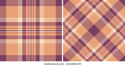 Elegant autumnal plaid patterns in warm peach and deep purple hues.  Perfect for textile design, fashion, home decor, or seasonal branding.