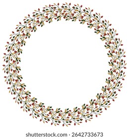 Elegant autumnal vector wreath design featuring intricately detailed branches with red, gold, and green leaves, perfect for fall-themed invitations or seasonal decorations.