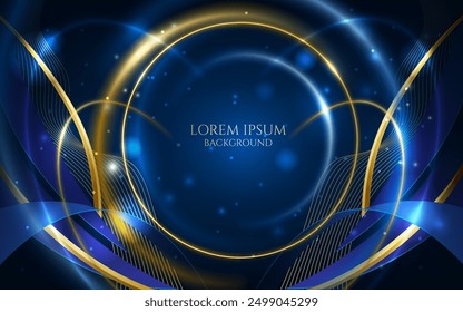 elegant award banner and luxury wallpaper element, blue and golden glowing curve light lines modern and pattern digital geometric cover and card design vector illustration.