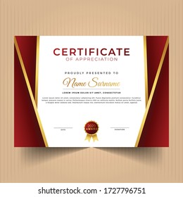 Elegant award diploma certificate design template with dark red color and yellow lines