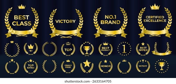 Elegant award emblem set features gold laurel wreath badges. Vector collection includes ribbons, stars, crowns for winners. Luxury nomination graphics suit best player recognitions. Certified prize