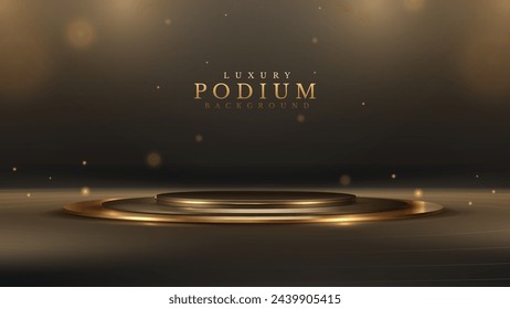 Elegant awards ceremony podium with warm golden ambient light and bokeh. Modern product presentation platform. Black luxury background.
