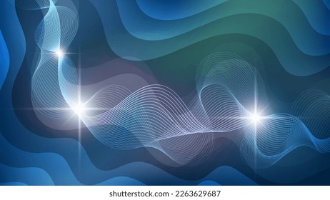 Elegant azure abstract wallpaper. Flashes of light, intertwining wavy lines against a backdrop of overlapping abstract shapes and mixing colors. Vector.