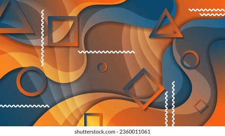 Elegant azure orange Memphis style wallpaper. Geometric contours, wavy lines against a background of overlapping abstract shapes and mixing of colors. Vector.