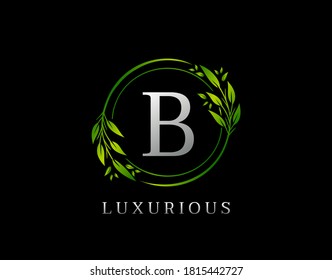 Elegant B Letter Green Floral Design. Circle Green Leaf B Logo Icon.