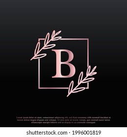 Elegant B Letter Square Floral Logo with Creative Elegant Leaf Monogram Branch Line and Pink Black Color. Usable for Business, Fashion, Cosmetics, Spa, Science, Medical and Nature Logos.