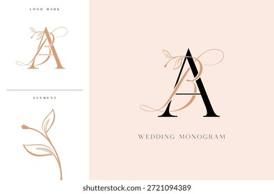 Elegante logotipo do monograma do casamento do BA com acentos botânicos