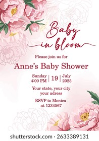 Elegant baby shower card with pink floral decorations and text Baby in bloom for welcoming a newborn girl
