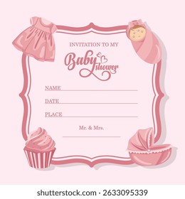 Elegant baby shower invitation template with pink frame and cute flat illustrations for welcoming a newborn girl