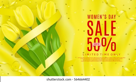 Elegant backdrop for Women's Day sale. Top view on composition with yellow flowers and satin ribbon. Vector illustration with confetti on silk fabric.