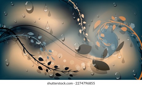 Elegant background with 3D effect. Transparent drops and curved branches with leaves over a surreal mix of colors. Template for your projects. Vector.