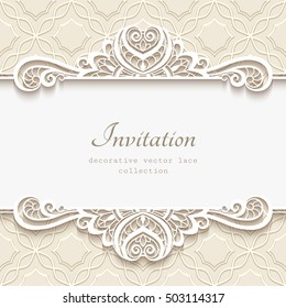 Elegant background with border lace ornament, divider, header, decorative paper lace frame, vector greeting card or wedding invitation template, eps10