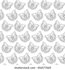 Elegant background with butterflies. Simple linear elements on white. Seamless pattern. Vector illustration.