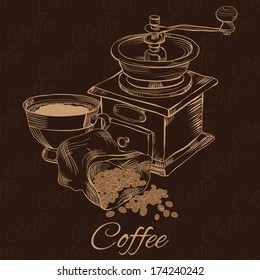 Elegant Background with Cofee grinder, cup of coffee and beans