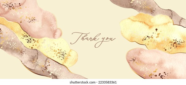 Elegant background, cover, card with abstract watercolor spots, golden shiny dots, glitter. Thank you card design.