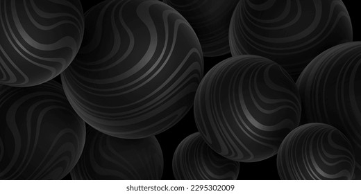 Elegant background of dark bubbles with wavy striped pattern. Stylish 3d spheres for your cover design. Vector illustration. EPS 10