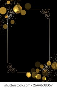 Elegant background with a decorative gold frame, glitter and bokeh lights design