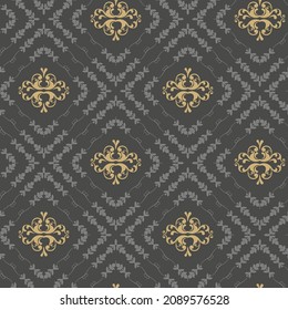 Marco elegante con elementos dorados decorativos sobre fondo marrón oscuro de estilo vintage. Textura de tela sin fisuras, papel pintado. Diseño plano. Ilustración del vector