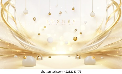 Elegant background with gift box elements with golden balls and curved lines and glitter and bokeh effect decoration. Empty space for product promotion.