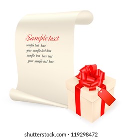 Elegant background with gift box and sheet of paper. Vector