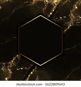 elegant background with a gold and black marble design and hexagonal frame