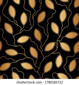 Eleganter Hintergrund, goldene Blätter. Nahtloses Muster aus Leaf. Tapete-Zweig-Blume. Goldenes Blattgitter für Designabdrücke, Cover, Etuis, Geschenkpacker. Bleipflanze. Blumenblatt. Vektorgrafik