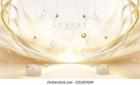 Elegant background with golden ball and curved elements and decoration with glitter and bokeh. Empty space for product promotion.