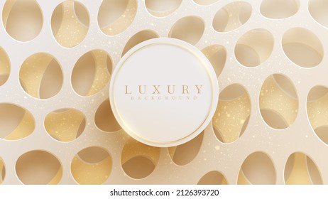 Fondo elegante con elementos de marco de círculo dorado y decoración de efecto luminoso brillante, diseño de estilo de arte de papel.