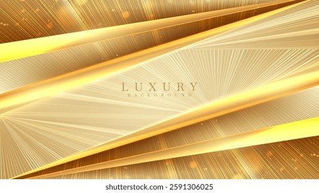 Elegant background with golden diagonal lines decorated with glowing lights and bokeh effects.