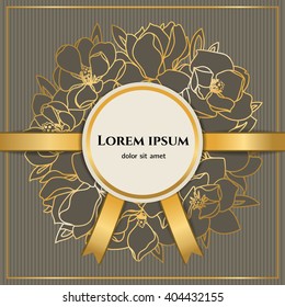 Elegant background with golden ribbons and golden floral garland for your invitation, flyer or greetings card. Luxurious brown and gold floral template.