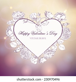 Elegant background with hand drawn flowers, heart shape with copy space and blurred background. Valentines Day, wedding invitation, anniversary. Vector illustration. 