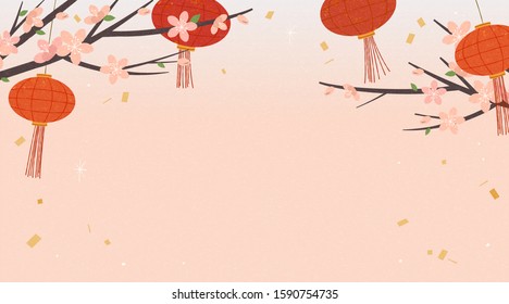 Elegant background with hanging red lanterns and cherry blossoms