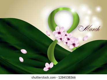 Elegant Background for Holiday March 8 International Women's Day with pink flowers and green Digit eight. Vector Illustration.
