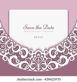 Elegant background with lace decoration, vector save the date card or wedding invitation template, eps10