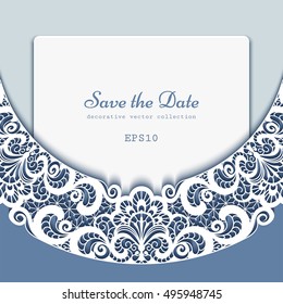 Elegant background with lace decoration, vector save the date card or wedding invitation template, eps10