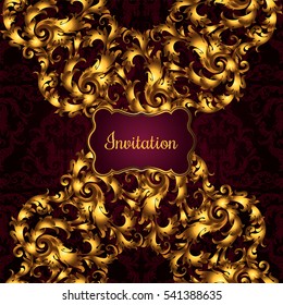 Elegant background with lace ornament and place for text. Floral elements, ornate background. Vector illustration. Royal gold tracery,baroque backdrop.